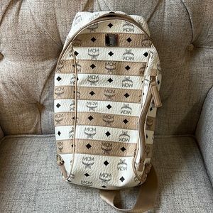 mcm spot visetos sling bag cream and white